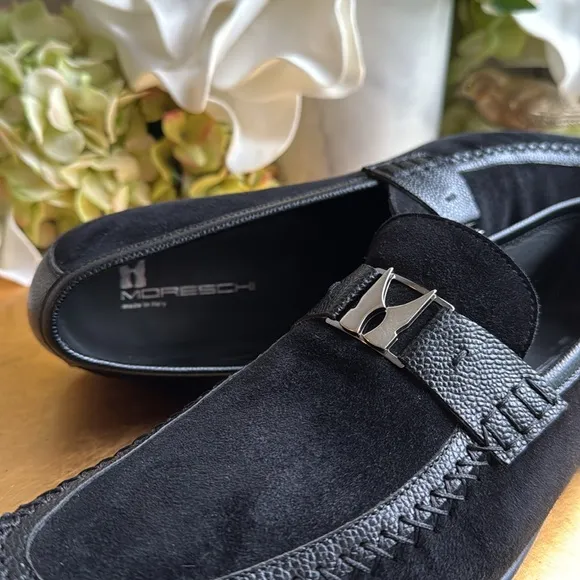 Moreschi Loafers in Black Suede and Pebbled Leather
