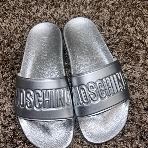 Moschino Silver Sandals Metallic Pool Slides