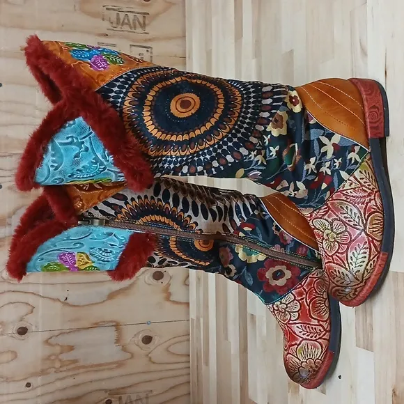 Multi Pattern Zip Up Faux Fur Lined Boots Size 41