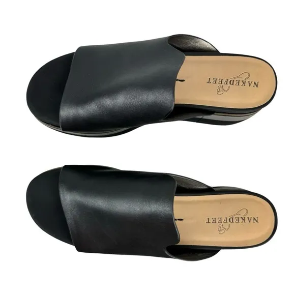 Naked Feet Flow Platform Sandals Wedge Slides Shoe Leather Black Womens Size 9