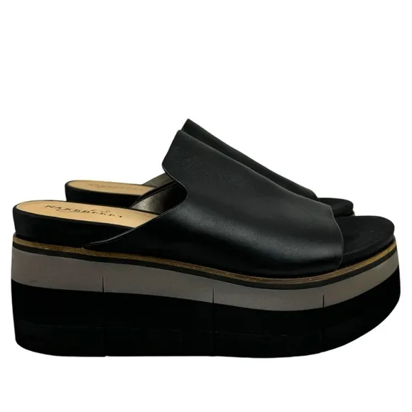 Naked Feet Flow Platform Sandals Wedge Slides Shoe Leather Black Womens Size 9