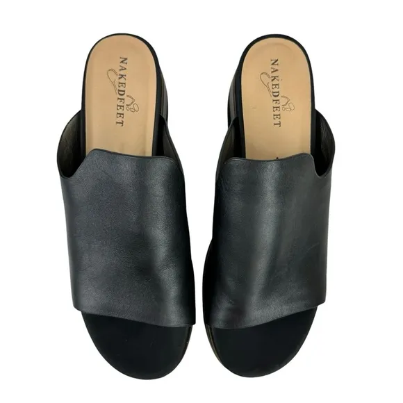 Naked Feet Flow Platform Sandals Wedge Slides Shoe Leather Black Womens Size 9