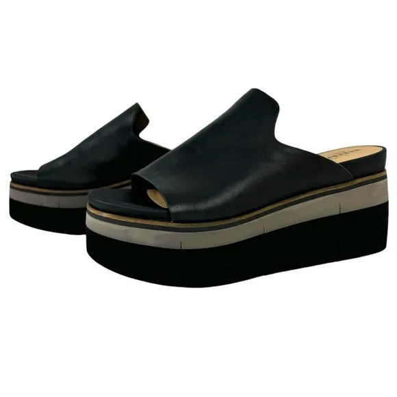 Naked Feet Flow Platform Sandals Wedge Slides Shoe Leather Black Womens Size 9