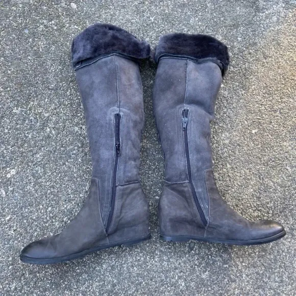 Napoleoni leather over knee wedge boots fur lined made in Italy leather sz 39