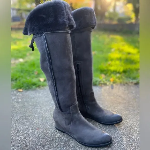 Napoleoni leather over knee wedge boots fur lined made in Italy leather sz 39