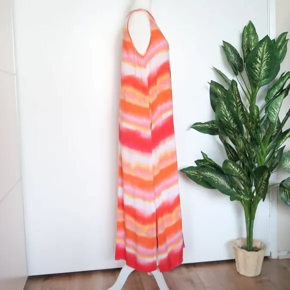 NATORI Pink Orange Watercolor Stripe Sleeveless V-neck Maxi Shift Dress Small S
