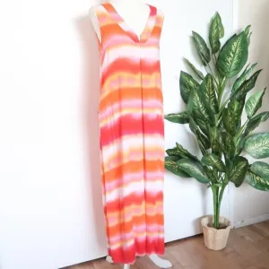 NATORI Pink Orange Watercolor Stripe Sleeveless V-neck Maxi Shift Dress Small S