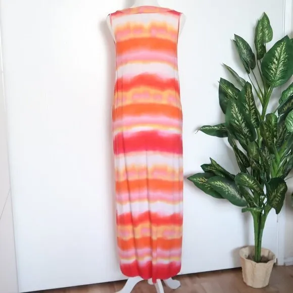NATORI Pink Orange Watercolor Stripe Sleeveless V-neck Maxi Shift Dress Small S