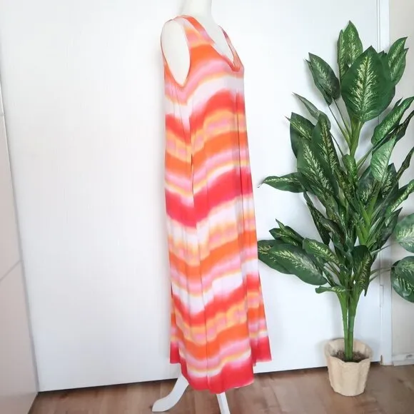 NATORI Pink Orange Watercolor Stripe Sleeveless V-neck Maxi Shift Dress Small S