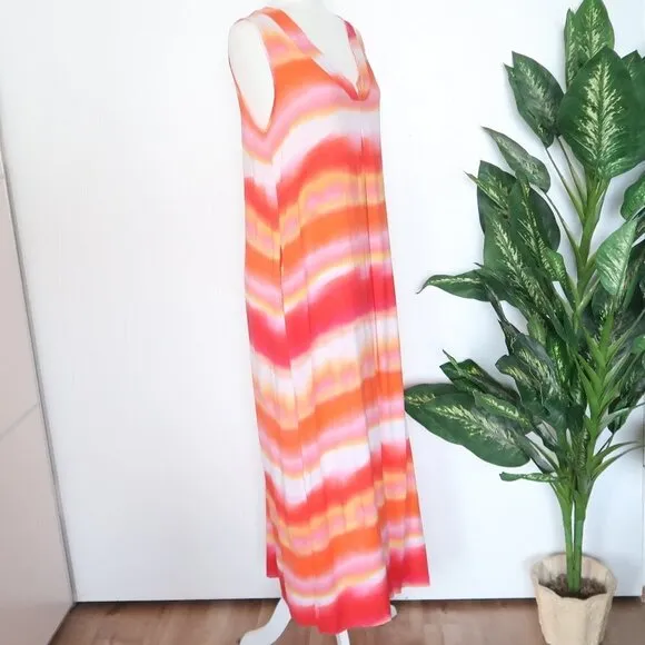 NATORI Pink Orange Watercolor Stripe Sleeveless V-neck Maxi Shift Dress Small S