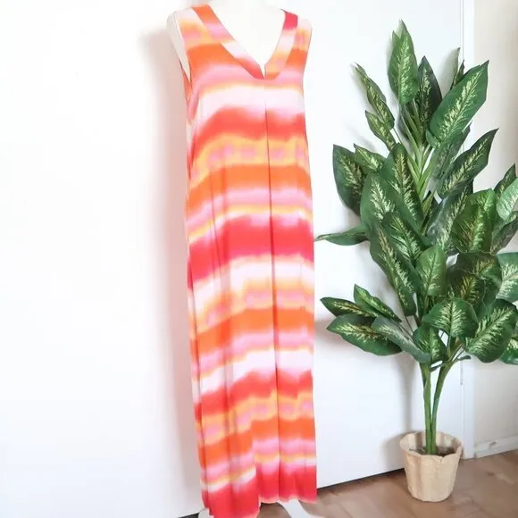 NATORI Pink Orange Watercolor Stripe Sleeveless V-neck Maxi Shift Dress Small S