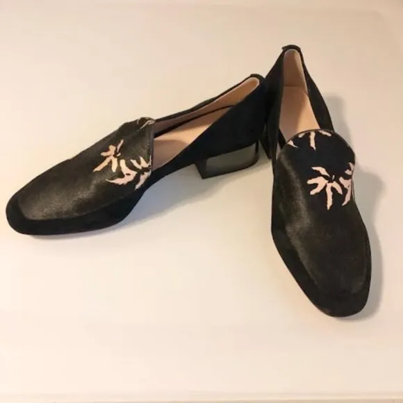 New AD &amp; Daughters x Anthropologie Greyan Loafer Black Calf Hair Palm Leaf 7.5