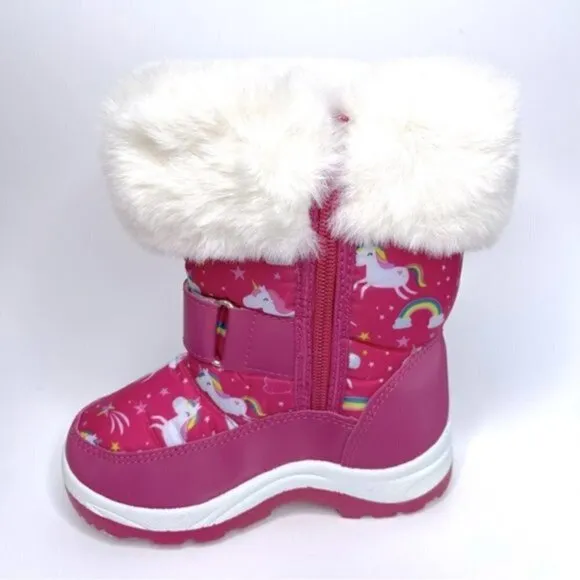 NEW Adorababy Pink Unicorn Faux Fur Snowflake Strap Boots US 9 Toddler