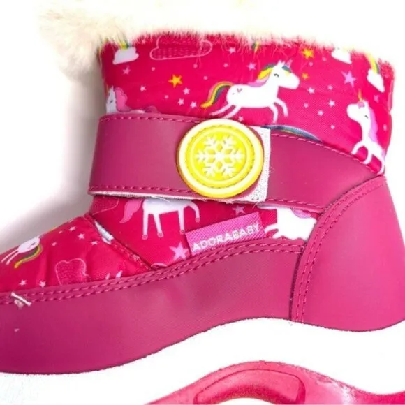 NEW Adorababy Pink Unicorn Faux Fur Snowflake Strap Boots US 9 Toddler