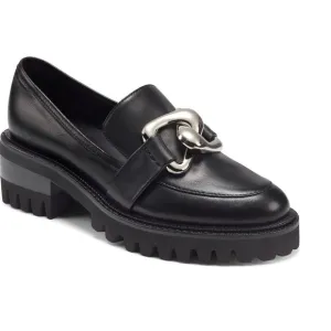 NEW! AEROSOLES Lilia Black Leather Loafers with Chunky Chain Detail SZ 6 NWOT