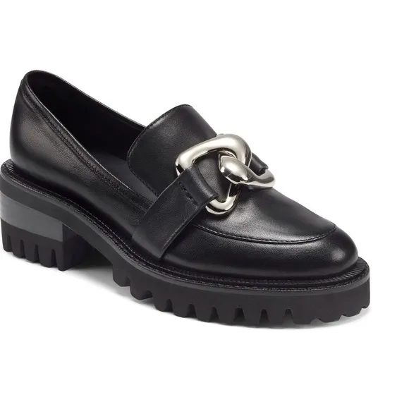 NEW! AEROSOLES Lilia Black Leather Loafers with Chunky Chain Detail SZ 6 NWOT