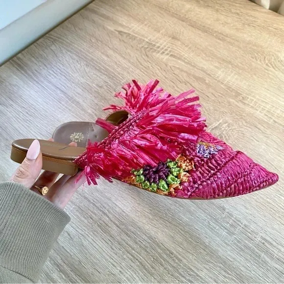 New Anthropologie De Siena Mouna Flats Slides Mules Woven Sandals Hot Pink