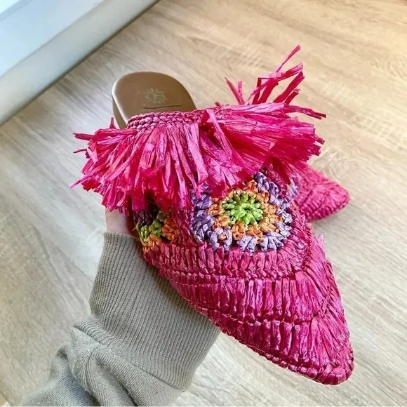 New Anthropologie De Siena Mouna Flats Slides Mules Woven Sandals Hot Pink