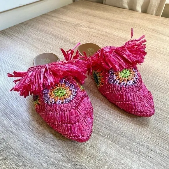 New Anthropologie De Siena Mouna Flats Slides Mules Woven Sandals Hot Pink
