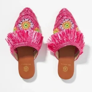 New Anthropologie De Siena Mouna Flats Slides Mules Woven Sandals Hot Pink