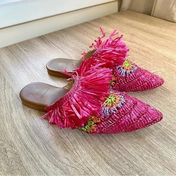 New Anthropologie De Siena Mouna Flats Slides Mules Woven Sandals Hot Pink