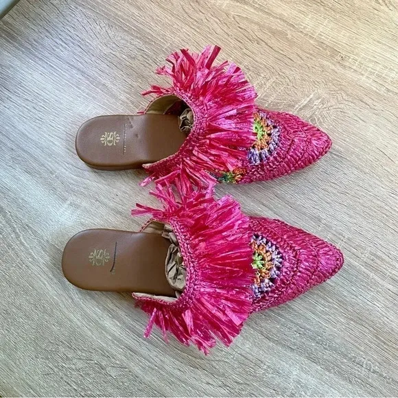 New Anthropologie De Siena Mouna Flats Slides Mules Woven Sandals Hot Pink