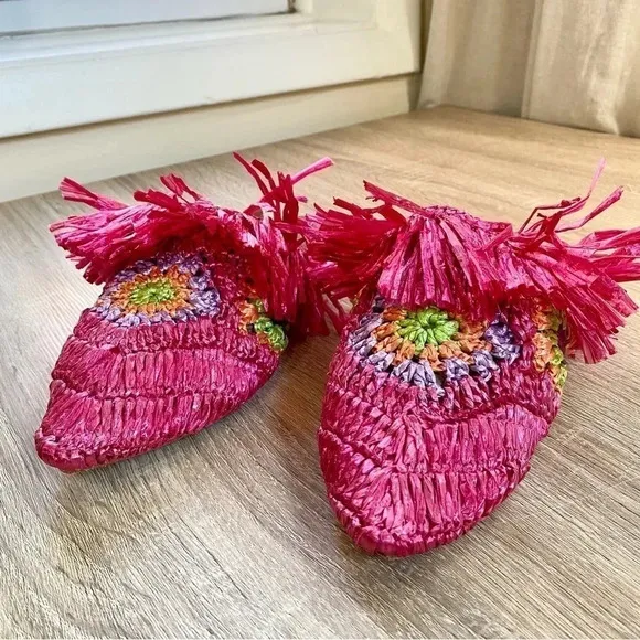 New Anthropologie De Siena Mouna Flats Slides Mules Woven Sandals Hot Pink