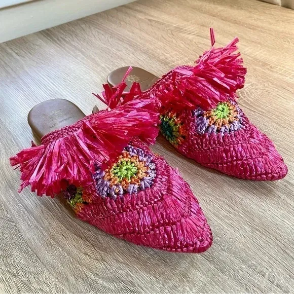 New Anthropologie De Siena Mouna Flats Slides Mules Woven Sandals Hot Pink