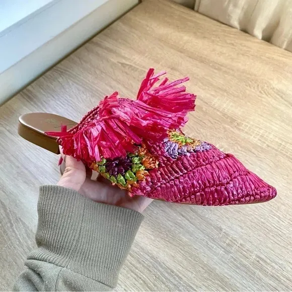 New Anthropologie De Siena Mouna Flats Slides Mules Woven Sandals Hot Pink