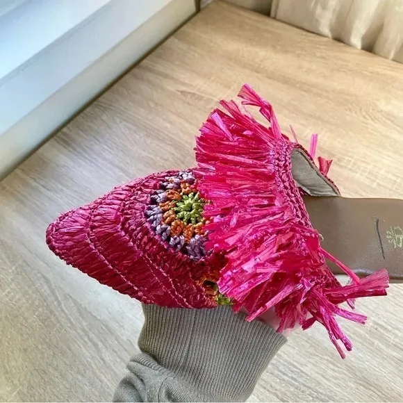 New Anthropologie De Siena Mouna Flats Slides Mules Woven Sandals Hot Pink