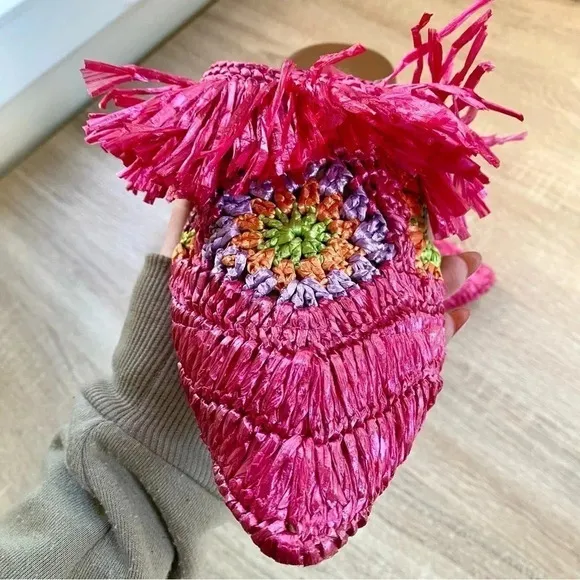 New Anthropologie De Siena Mouna Flats Slides Mules Woven Sandals Hot Pink