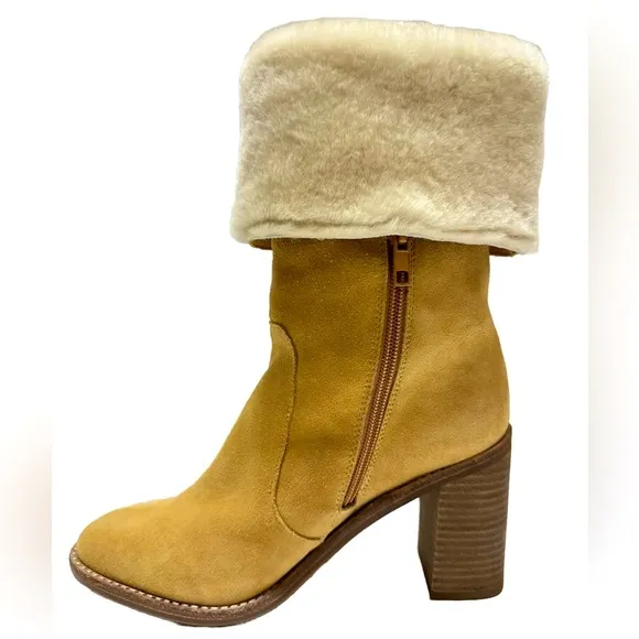 NEW Arturo Chiang Maira Suede Shearling Fur Lined Heel Boots Wmns Size 7.5 Camel