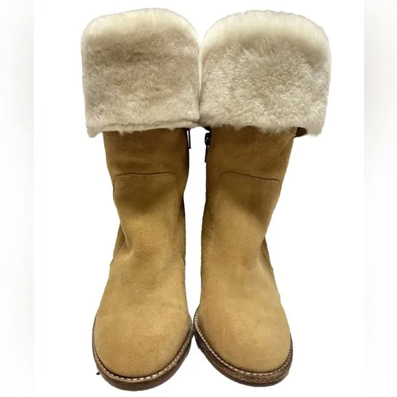 NEW Arturo Chiang Maira Suede Shearling Fur Lined Heel Boots Wmns Size 7.5 Camel