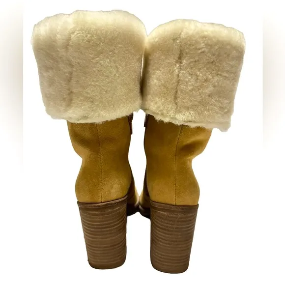 NEW Arturo Chiang Maira Suede Shearling Fur Lined Heel Boots Wmns Size 7.5 Camel