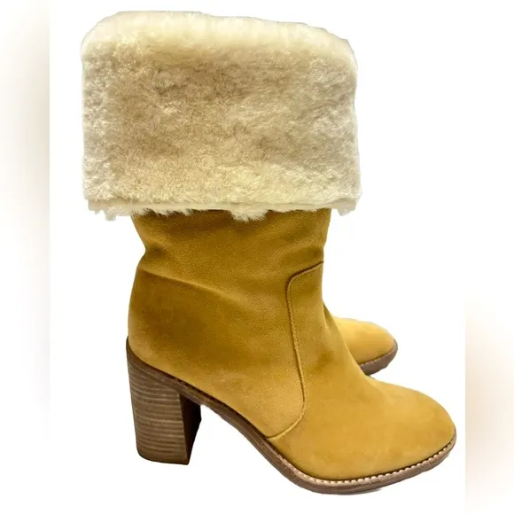NEW Arturo Chiang Maira Suede Shearling Fur Lined Heel Boots Wmns Size 7.5 Camel