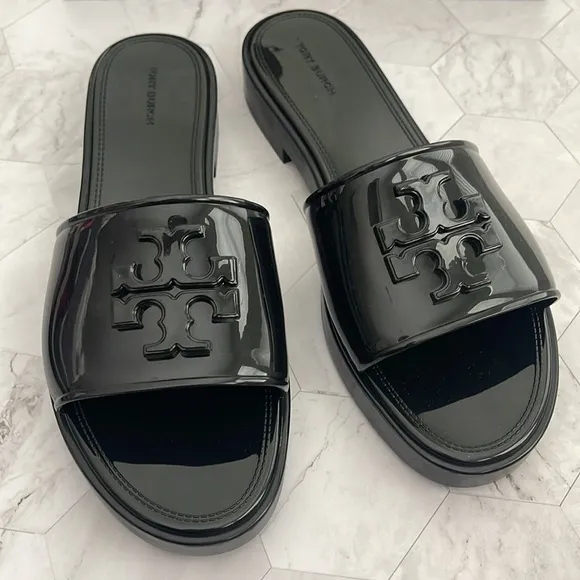 New, Authentic Tory Burch Black Jelly Slides Slippers Flip Flops Eleanor 9 or 10