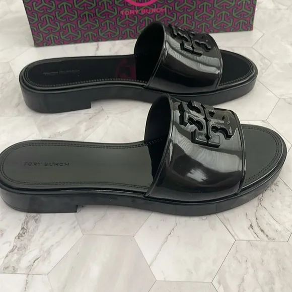 New, Authentic Tory Burch Black Jelly Slides Slippers Flip Flops Eleanor 9 or 10