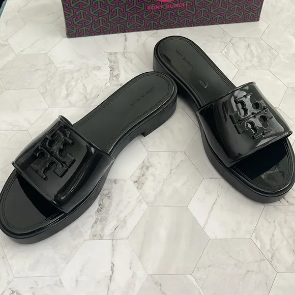 New, Authentic Tory Burch Black Jelly Slides Slippers Flip Flops Eleanor 9 or 10