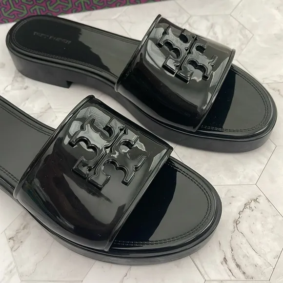 New, Authentic Tory Burch Black Jelly Slides Slippers Flip Flops Eleanor 9 or 10