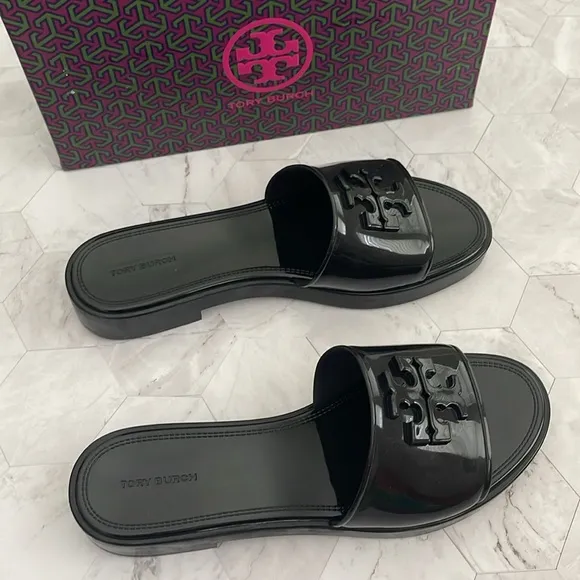 New, Authentic Tory Burch Black Jelly Slides Slippers Flip Flops Eleanor 9 or 10