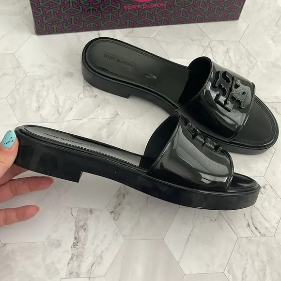 New, Authentic Tory Burch Black Jelly Slides Slippers Flip Flops Eleanor 9 or 10