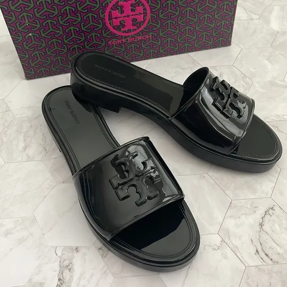 New, Authentic Tory Burch Black Jelly Slides Slippers Flip Flops Eleanor 9 or 10