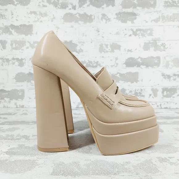 New Berness Bella Cream Faux Leather Heeled Platform Loafers i15
