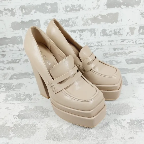 New Berness Bella Cream Faux Leather Heeled Platform Loafers i15