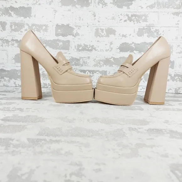 New Berness Bella Cream Faux Leather Heeled Platform Loafers i15