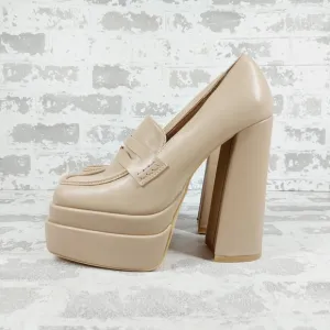 New Berness Bella Cream Faux Leather Heeled Platform Loafers i15