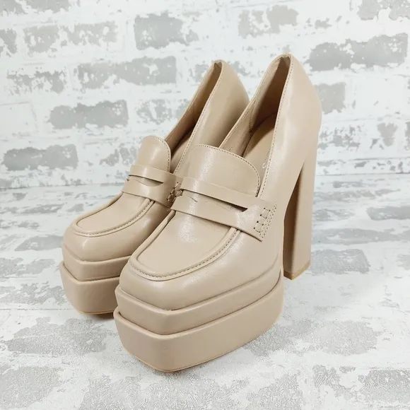 New Berness Bella Cream Faux Leather Heeled Platform Loafers i15