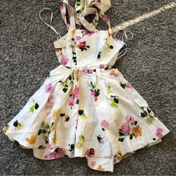 NEW BEST AJE Clara Linen Floral Mini Dress White Pink Blush Spring Back Bow