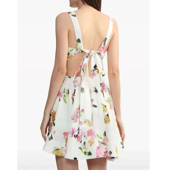NEW BEST AJE Clara Linen Floral Mini Dress White Pink Blush Spring Back Bow