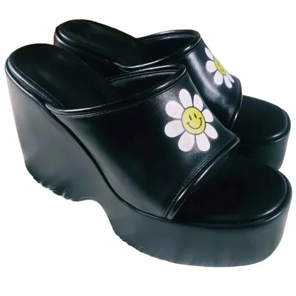 NEW BLACK PLATFORM SLIDE SANDALS